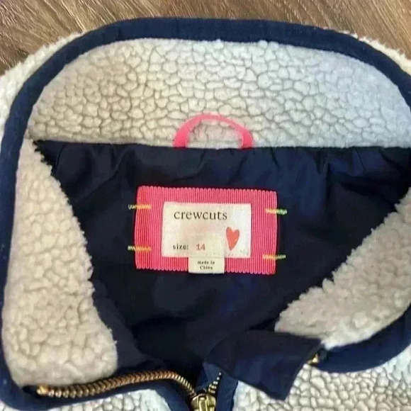 jcrew crewcuts kids sherpa jacket zip front girls 14 cream, navy, & neon pink - Picture 3 of 15